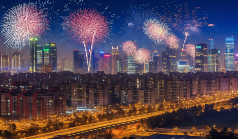 蓝色浪漫城市夜晚放烟花摄影图,高清,摄影图,摄影图片,图片大全,摄影图免费下载